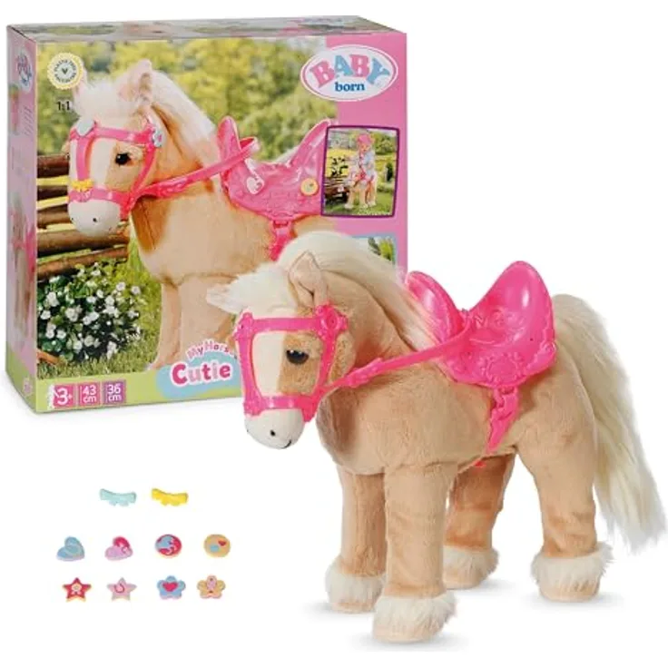 BABY Born My Cute Horse, interaktives Puppenpferd mit Lauf- und Soundfunktion, Plüsch, rosa Sattel und Zaumzeug, inkl. Pins zum Dekorieren