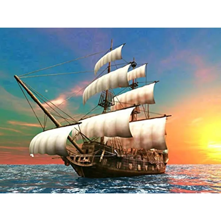 Diamond Painting Set, Bild mit Motiv Segelschiff und Zubehör, Größe ca. 35 x 25 cm, Bastelset zum Malen mit Glitzersteinchen für Kinder ab 5 Jahren