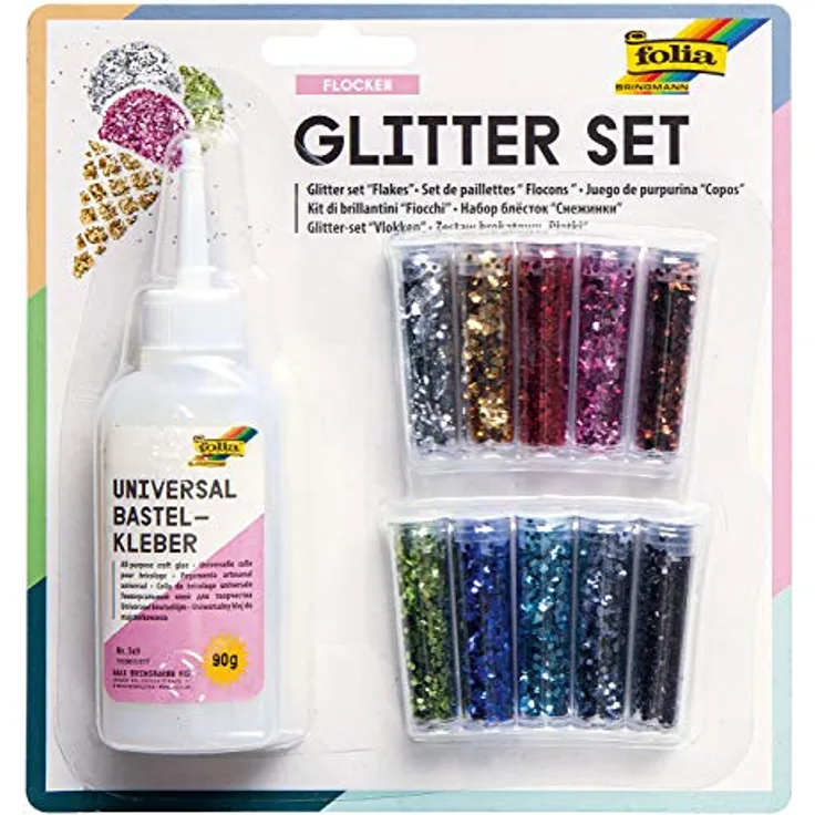 Glitter-Set Flocken 10 Dosen sortiert,1 Deko-Kleber 90g