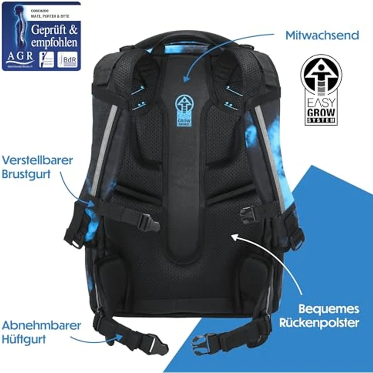 Coocazoo Mate Schulrucksack „Mystic Clouds”, ergonomisch und anpassbar, schwarz-blau, höhen- und größenverstellbar, mit Brust- und Hüftgurt, 30 Liter, für die 3. Klasse – Bild 4