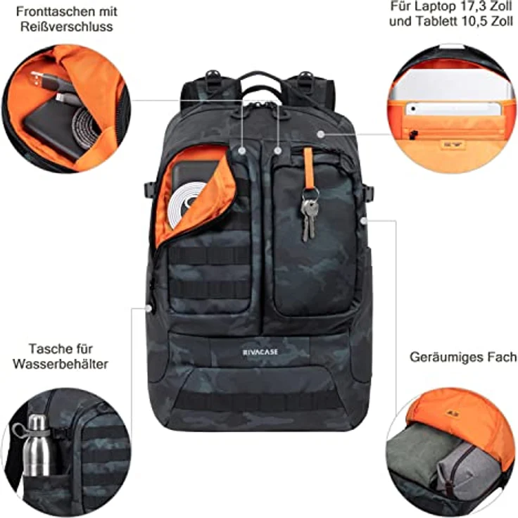 Rivacase Laptop-Rucksack 32 Liter, wasserdichter Schulrucksack 17,3 Zoll - Sportrucksack für Teenager - Jungen und Mädchen - zur Schule - in die Klasse (navy camo) – Bild 2