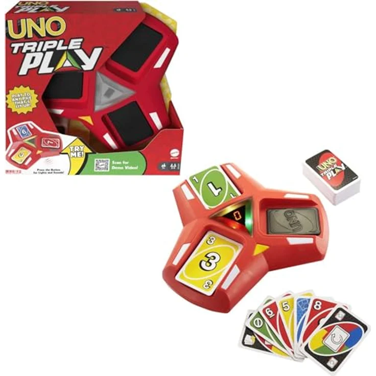 Mattel UNO Triple Play Kartenspiel, interaktives Spiel mit drei Ablagestapeln und "Triple Play!"-Modus für 2-6 Spieler – Bild 1