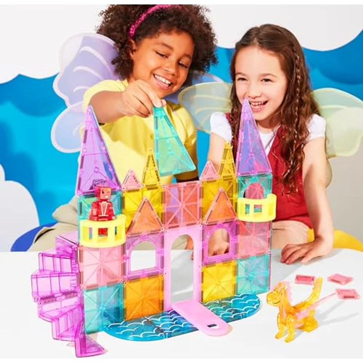 Magna-Tiles Castle DLX 48-teiliges Magnetbauset mit Zugbrücke, Drachenfigur und Wendeltreppe, aus sicherem MABS-Kunststoff – Bild 2