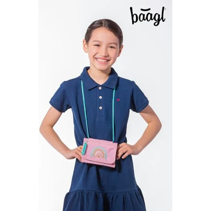 Baagl Brustbeutel Kinder - Geldbörse für Mädchen, Mini Portemonnaie mit Reißverschluss Münzfach, Regenbogen Rosa, strapazierfähiges Polyester – Bild 3