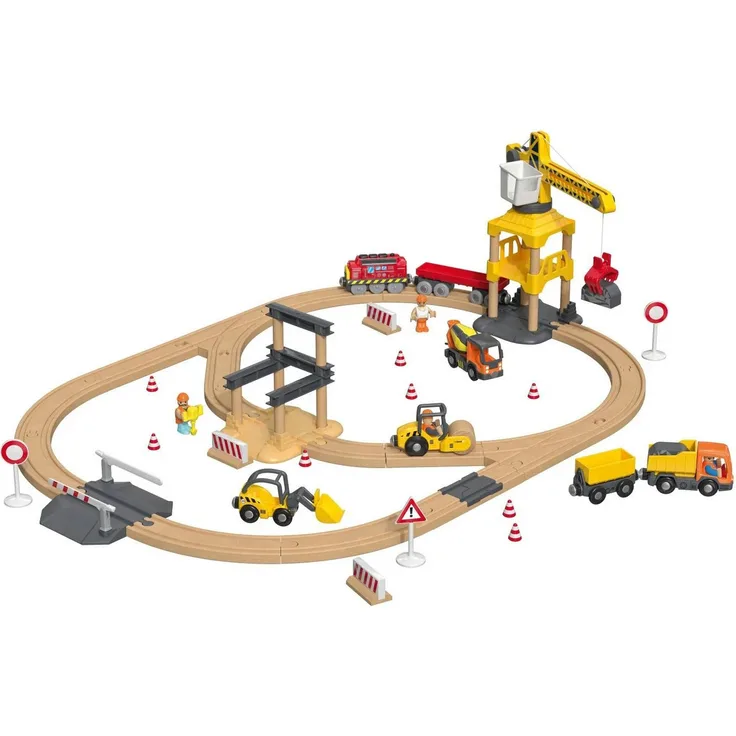 lupilu Spielzeug-Eisenbahn Eisenbahn Holz Spielzeug mit Licht- & Soundeffekt, 59-tlg. Baustellen-Spielset mit motorisiertem Zug und Kran-Funktion