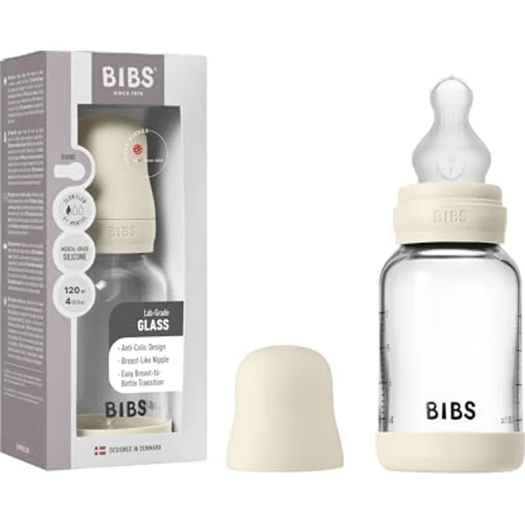 BIBS Baby Glasflasche 120ml, Vermindert Koliken, Runder Silikon-Sauger, BPA-frei, Hergestellt in Dänemark, Ivory – Bild 1