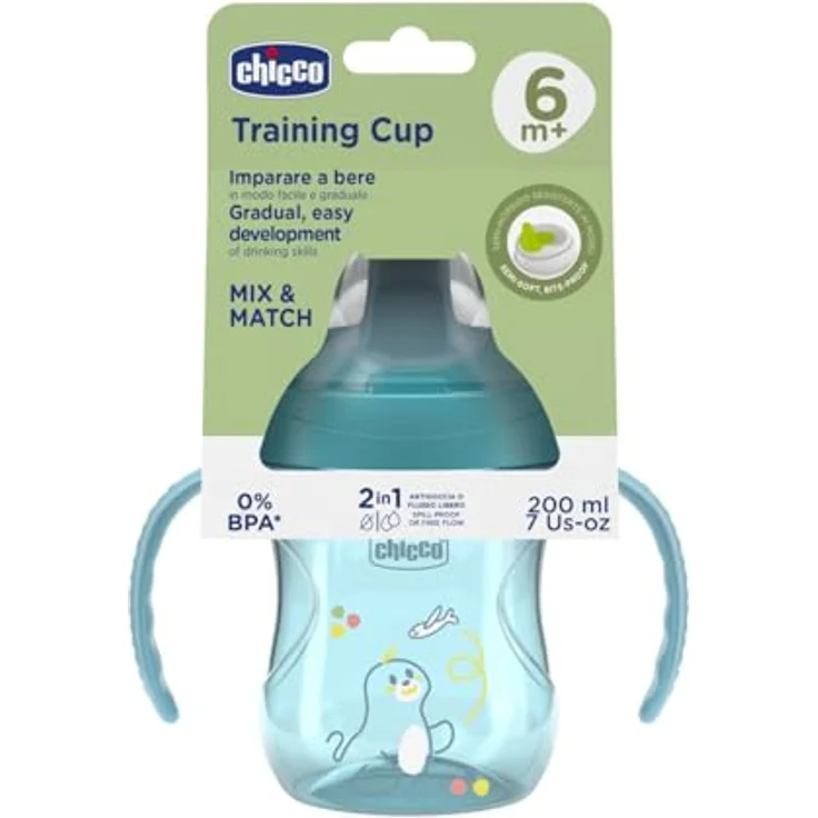 Chicco Training Trinklernbecher, auslaufsicherer Kunststoffbecher mit ergonomischer halbweicher Tülle, Ventil und abnehmbaren Griffen, Hellblau, für Babies ab 6 Monaten – Bild 5