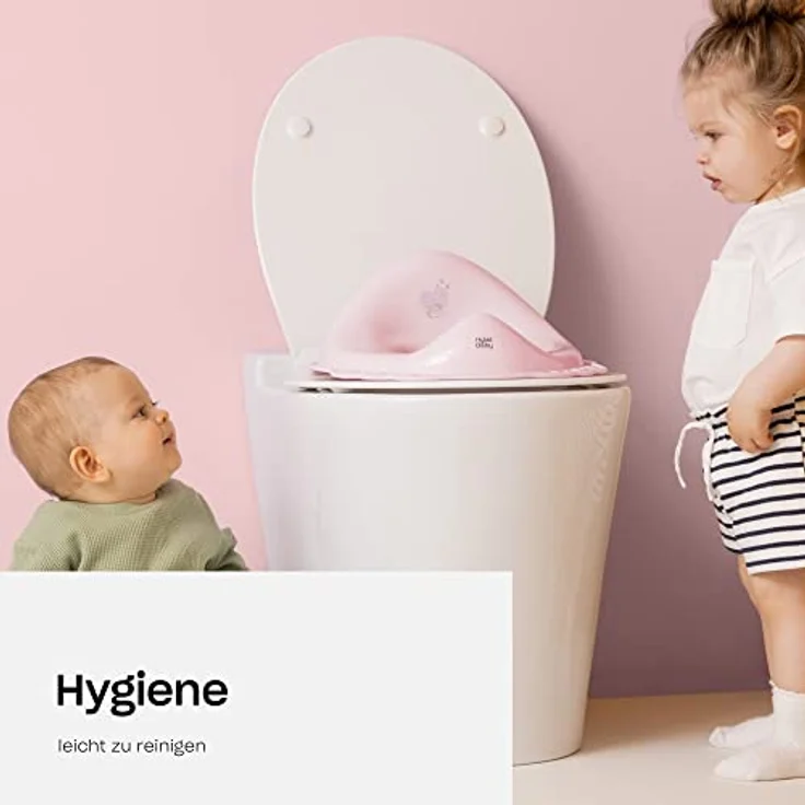 Hylat Baby Toilettensitz Kinder hilfreich beim Toilettentraining, für Mädchen und Jungen, solides Material, Antirutsch Gummi, Farbe:rosa, Motiv:Hug me, Marke:Hylat Baby – Bild 5