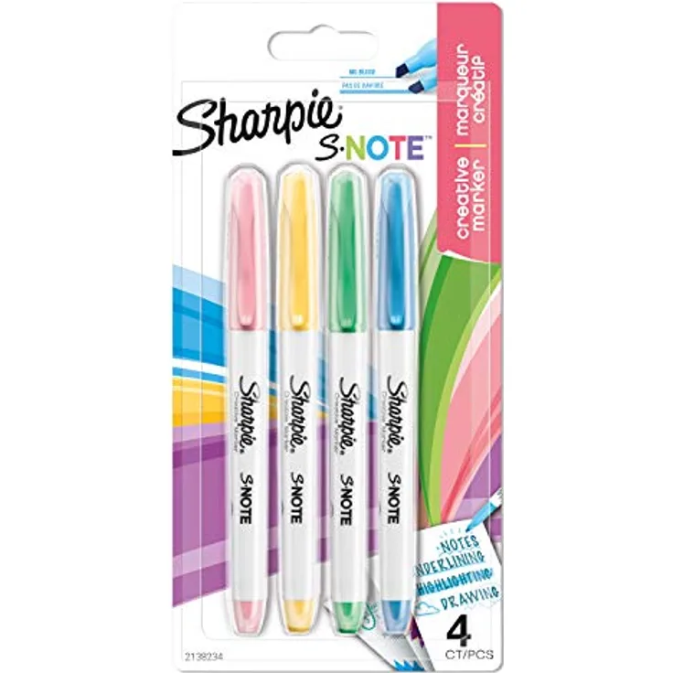 SHARPIE S-Note Textmarker & Kreative Markerstifte | Schreiben, Malen, Markieren & Mehr | geschmischte Pastellfarben | 2-in-1 Keilspitze (Breit & Fein) | 4 Stück Highlighter