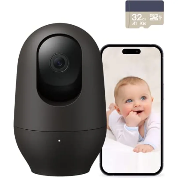 Nooie Babyphone mit Micro-SD-Karte, WLAN-Haustierkamera für den Innenbereich, kabellose 360-Grad-IP-Kamera, 2K HD, Bewegungsverfolgung, Super-IR-Nachtsicht, funktioniert mit Alexa, Zwei-Wege-Audio
