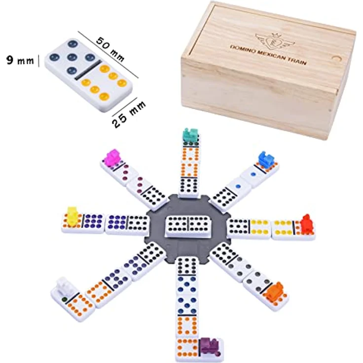 Engelhart - Domino Mexican Train/Zug -Premium- Qualität - Dobbel 12 - 2-8 Spieler - 91 farbige Dominosteine 9mm dick - in Holzkiste + 8 farbige Züge und Bahnhof – Bild 7
