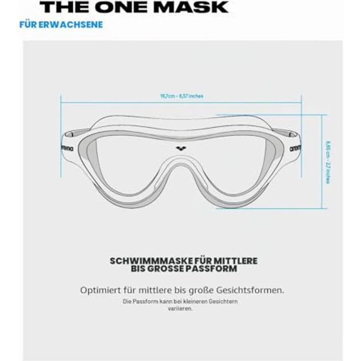 Arena Schwimmbrille THE ONE MASK UK, Universalschwimmmaske mit Panorama-Sichtfeld, verstellbarem Kopfband und UV-Schutz – Bild 4