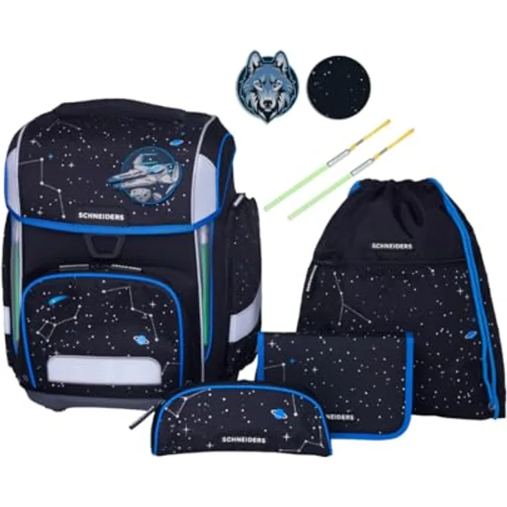 Schneiders Vienna Ergolite Space Quest, ergonomischer Schulranzen aus 100% recycelten PET-Flaschen, 22 Liter Volumen, inklusive LED-Leuchtstäbe und 9-teiligem Set