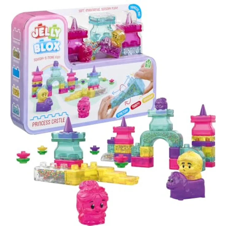 Goliath – Jelly BLOX – Princess Castle Set mit 45 bunten Bausteinen, 2 Prinzessinnen, 1 Ritter und 1 Pferd für kreatives Rollenspiel, sicher und weich für Kinder ab 2 Jahren
