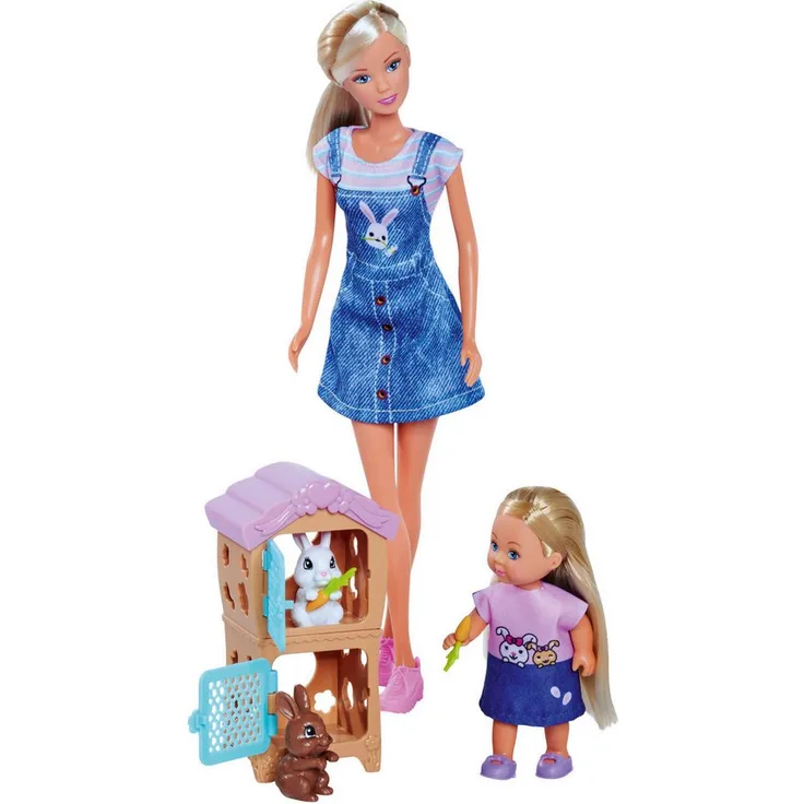 SIMBA Anziehpuppe Steffi Love, Rabbit Family, mit Schwester Evi und zwei Hasen, inkl. zweistöckigem Hasenstall