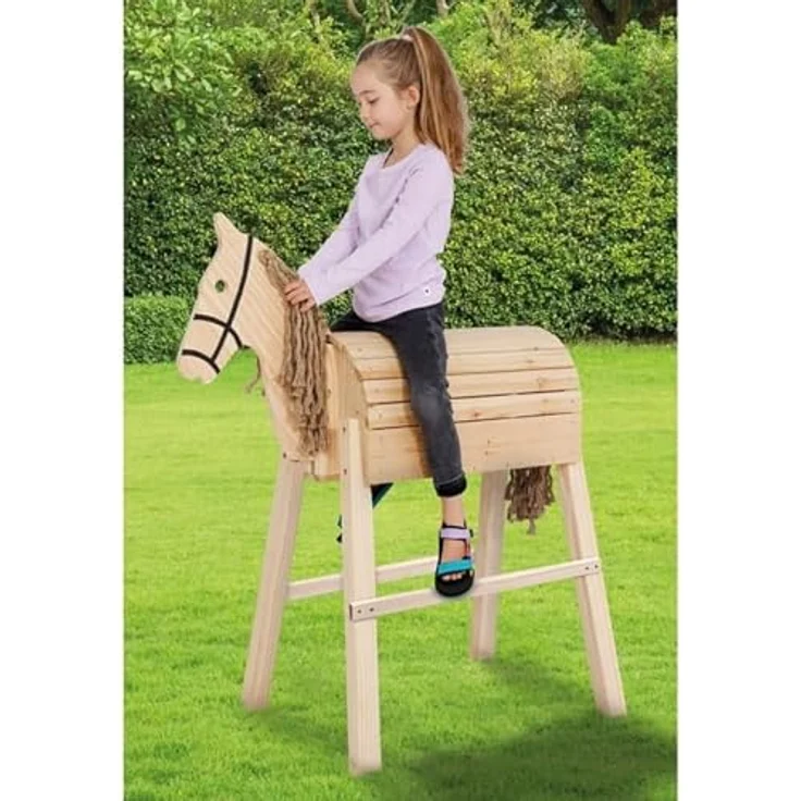 Happy People Holzpferd mit beweglichem Kopf und Zügel, Aufsteighilfe, stabiler Stand - 120 x 54 x 103 cm – Bild 4