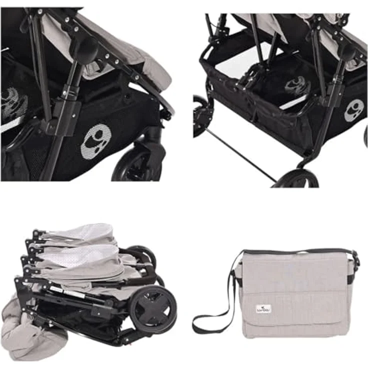 Lorelli Zwillingskinderwagen Duo, leichter Doppel-Kinderwagen mit verstellbarem Verdeck, grau – Bild 6