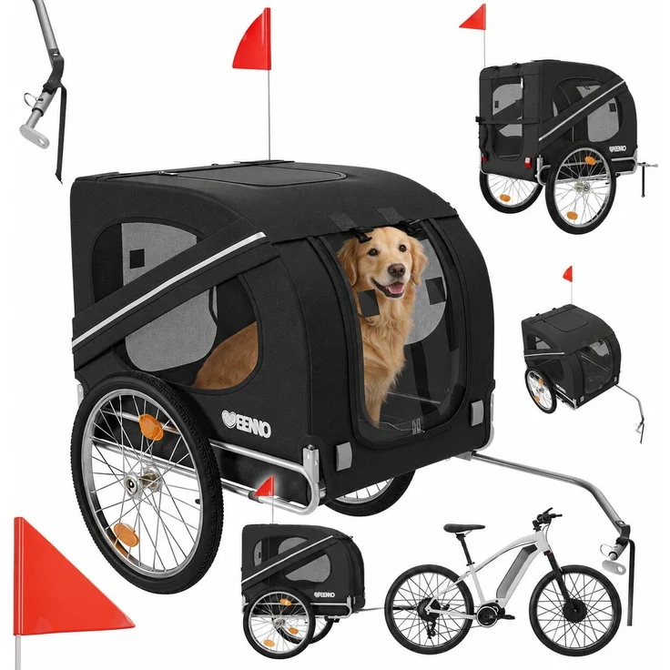 BENNO® Kleintierfahrradanhänger LUNA, sicherer und komfortabler Anhänger mit robustem Stahlrahmen und großflächigen Mesh-Fenstern, schwarz