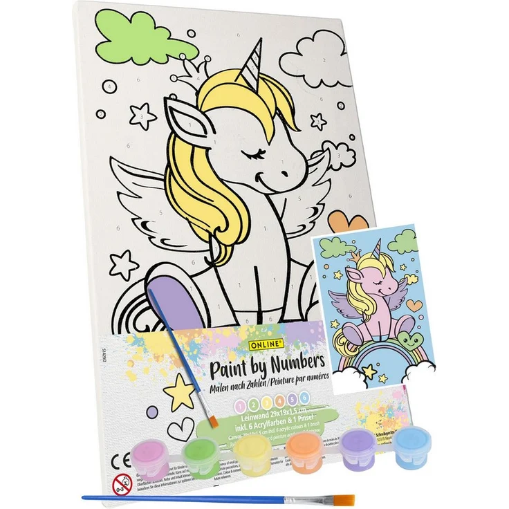 Online Pen Malen nach Zahlen Leinwand-Malen für Kinder (mit Farbtöpfchen & Pinsel), Einhorn Motiv, 19x29 cm, von Online Pen – Bild 1