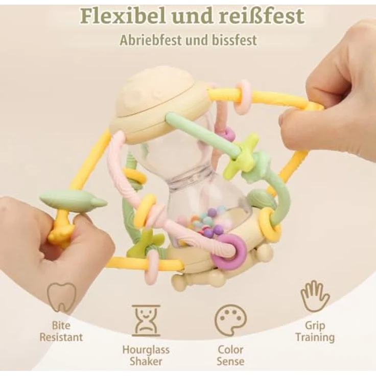 CLDY Greifball Baby-Spielzeug, sensorischer Beißring mit bunten Perlen und flexiblen Kaupunkten – Bild 4