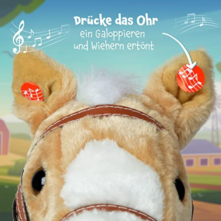 Pink Papaya Steckenpferd, Goldy, süßes Spielzeug Pferd aus Plüsch mit Sound Funktion: Gewieher und Galoppgeräusch - Farbe: beige mit Blonder Mähne – Bild 4