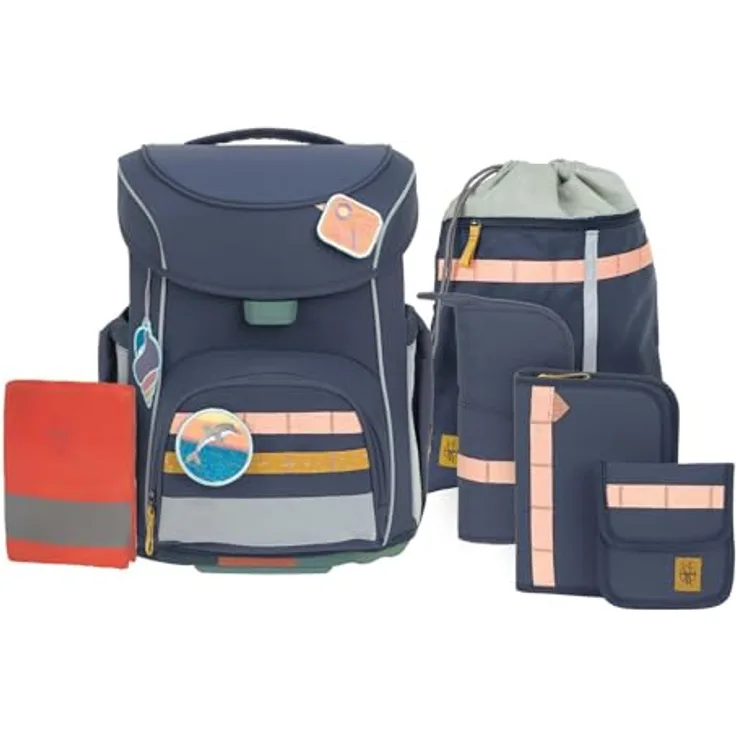 LÄSSIG Unique School Set Slim 7-teilig, Schulranzen mit durchdachtem Stauraum und Regenhülle, Navy