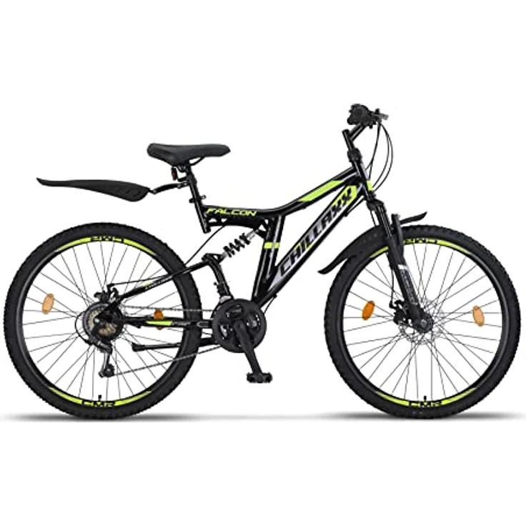 Chillaxx Bike Falcon Premium Mountainbike in 24 und 26 Zoll - Fahrrad für Jungen, Mädchen, Damen und Herren - Scheibenbremse- 21 Gang-Schaltung - Vollfederung (26 Zoll, Schwarz-Lime Disc-Bremse) – Bild 2