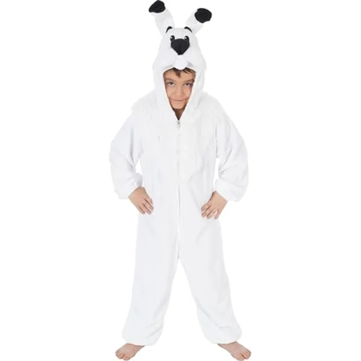 Chaks Idefix Kostüm Kinder, offizieller Asterix und Obelix Onesie mit Kapuze, Weiß, für Karneval & Comic Con, Größe 116 cm