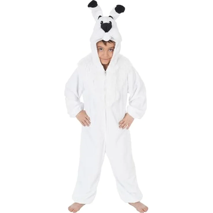 Chaks Idefix Kostüm Kinder, offizieller Asterix und Obelix Onesie mit Kapuze, Weiß, für Karneval & Comic Con, Größe 116 cm – Bild 1