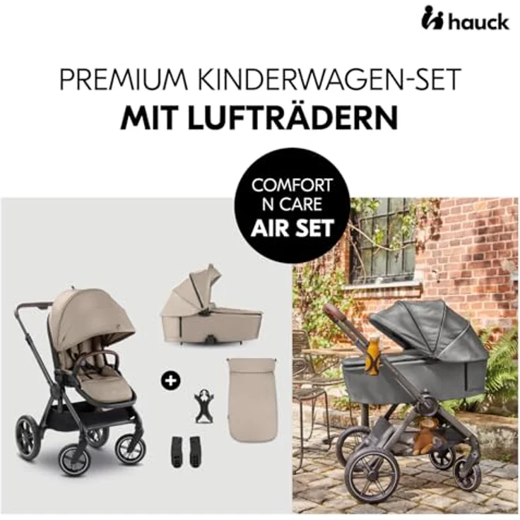 Hauck Kombi-Kinderwagen Comfort N Care Air Set, 2 in 1 mit Luftreifen, inkl. Babywanne, Sportsitz, Beindecke und Getränkehalter, Mocha, mit Gratis Mobilitätsgarantie – Bild 2