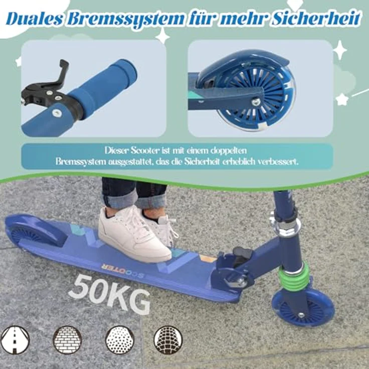 TENBOOM Kinder Scooter Roller Tretroller mit Höhenverstellbarem Lenker, Hinterradbremse, LED-Leuchträdern, klappbar für Kinder ab 3 Jahre, bis 50 kg – Bild 3