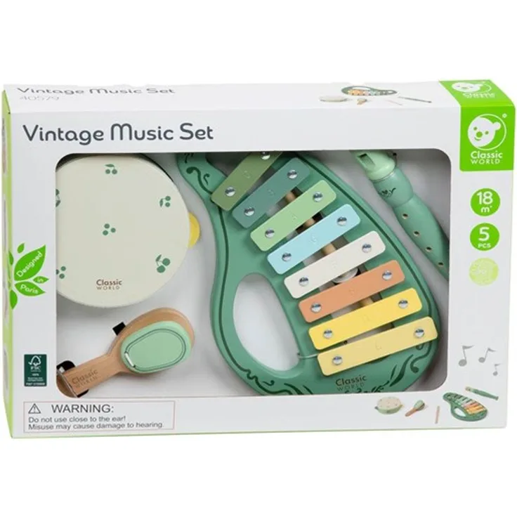Classic World Wooden Vintage Musical Instruments Set, 5-teiliges Babyspielzeug mit Schlagzeug, Flöte und Klangbrett in nostalgischen Farben