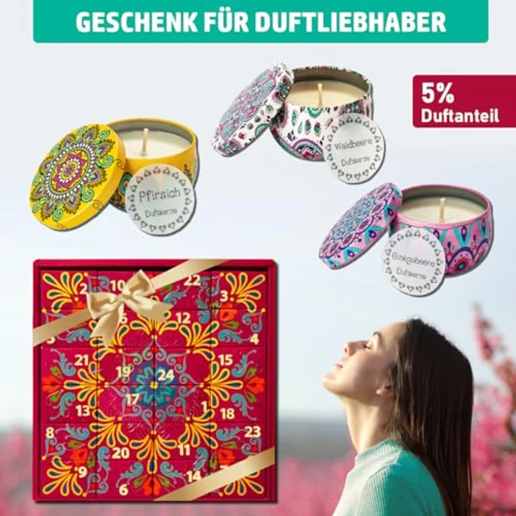BRAST Adventskalender mit 24 Mini Duftkerzen, 12 Duftnoten wie Vanille-Coco und Sandelholz, dekorative wiederverwendbare Metalldosen, Brenndauer bis zu 8 Stunden – Bild 2