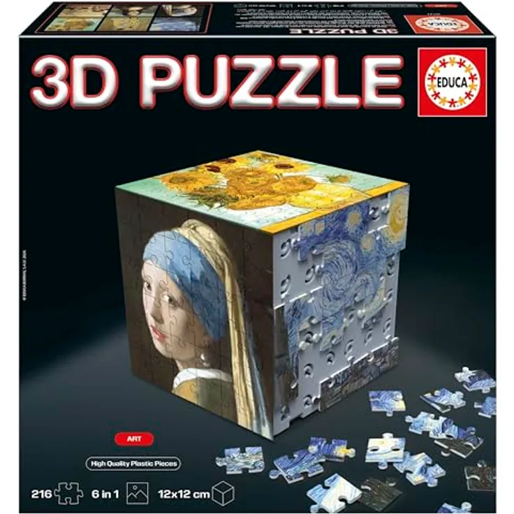 Educa 3D Puzzle Kunst, Puzzle-Würfel mit 216 Teilen, inkl. 6 Puzzles mit 36 Teilen, ab 6 Jahren
