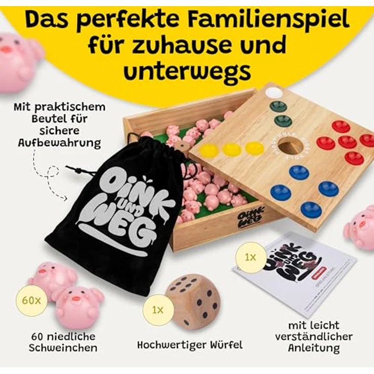 Spielario OINK und Weg, Schweinchen Spiel aus nachhaltigem Kautschukholz, handgemaltes Design, für 2-4 Spieler ab 5 Jahren, ideales Familienspiel mit taktischem Würfeln und hochwertiger Premium-Verpackung – Bild 2
