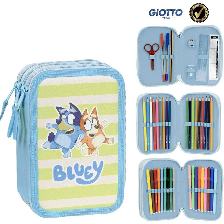 Bluey Federmappe 3 Etagen, Schreibwaren für Kinder - Schule, mit Bluey Design und komplett gefüllt