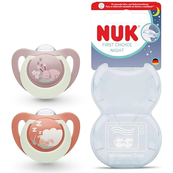 NUK First Choice Night Baby Schnuller, orthodontischer Beruhigungssauger für 6-18 Monate, leuchtet im Dunkeln, beruhigt 99% aller Babys, Kaninchen/Schaf, 0-2 Stück – Bild 1