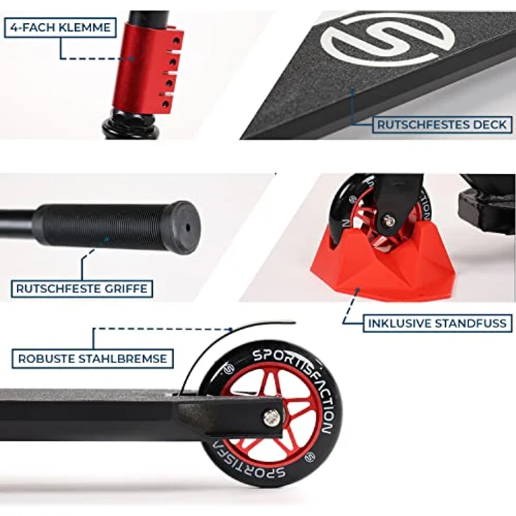 Sportisfaction Stuntscooter Rot, Profi Roller mit ABEC11 Kugellagern, 4-fach Klemme, belastbar bis 100kg, Alu-Deck 50x11cm, robustes Design für Tricks & Rampen – Bild 2