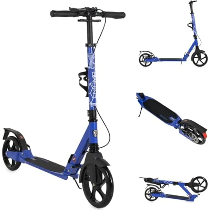 Byox Kinderroller Enigma, klappbar mit PU-Rädern, Handbremse, Getränkehalter und höhenverstellbarem Lenker, blau