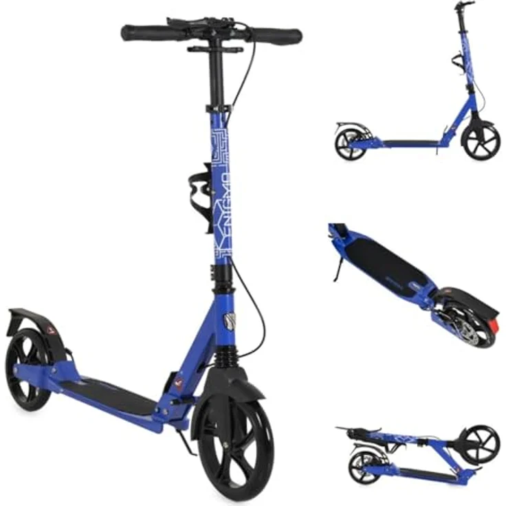 Byox Kinderroller Enigma, klappbar mit PU-Rädern, Handbremse, Getränkehalter und höhenverstellbarem Lenker, blau – Bild 1