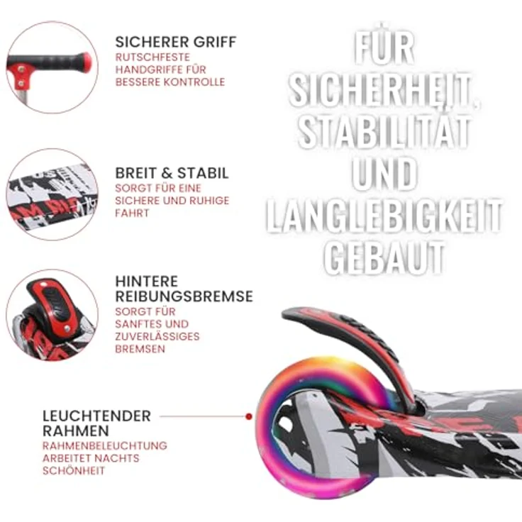 Habib Gruppe Kinderroller, Klappbar Tretroller mit LED Leuchträdern, Höhenverstellbar für 3-12 Jahre, Graffiti Design, rutschfeste Griffe & Hinterradbremse, max. 50 kg – Bild 2