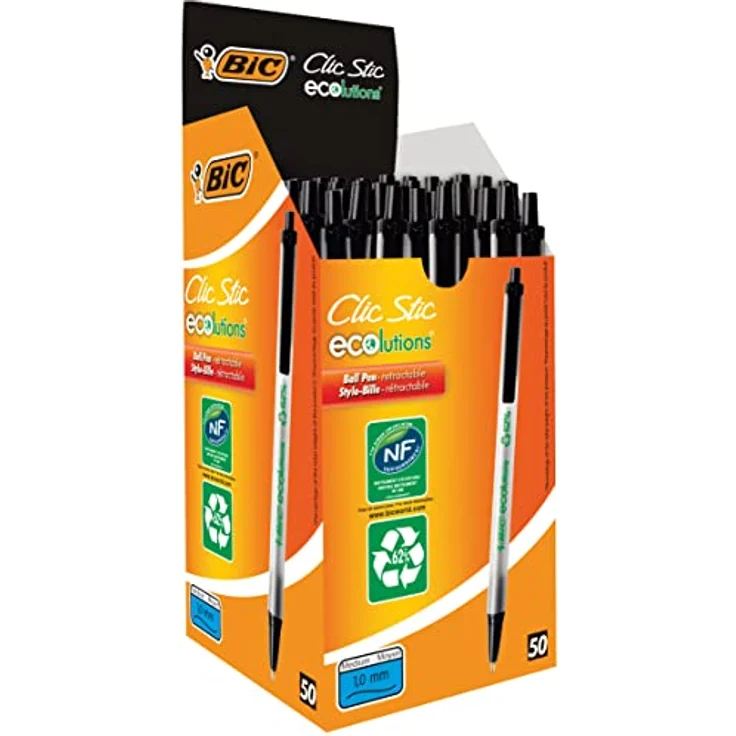 Bic Clic Stic ECOlutions, schwarzer Kugelschreiber mit mittlerer Spitze (0,4 mm), 50er Box aus 62 % recycelten Materialien – Bild 1
