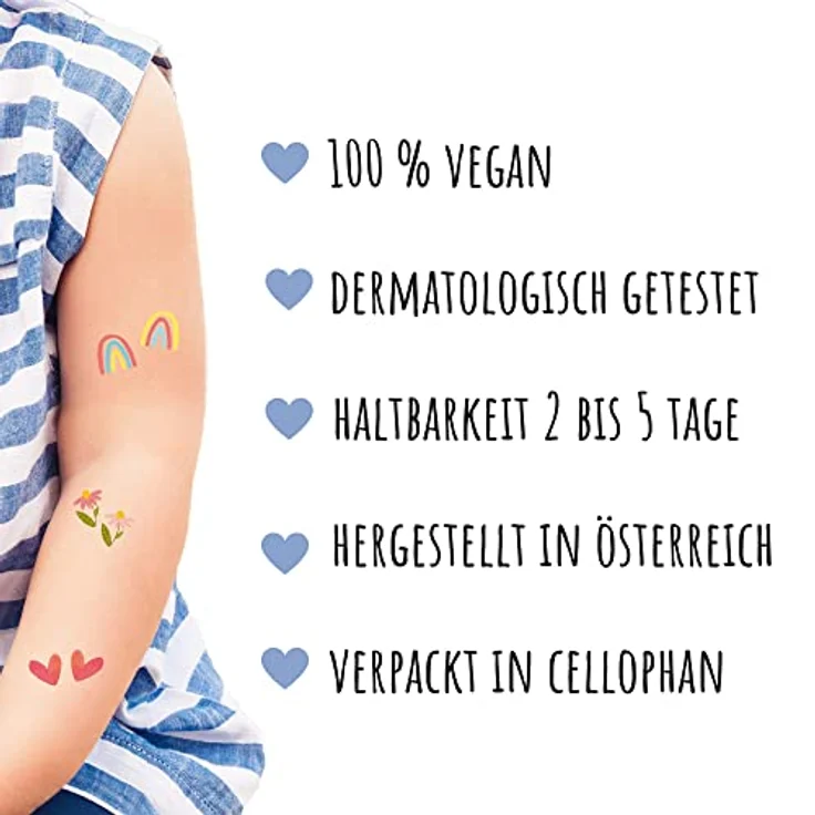 Hautfreundliche Kindertattoos zum Aufkleben - Motiv DU & ICH, Freundschaftstattoos, Kinder-Tattoo Set mit 5 Bögen, Tattoos Kinder, 100% Vegan und Hergestellt in Österreich, JEKA – Bild 3