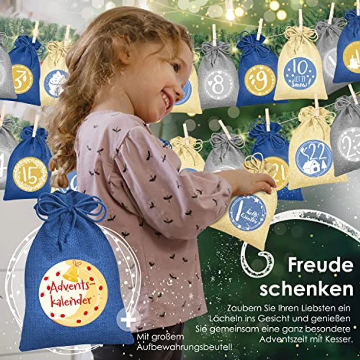KESSER® Adventskalender zum Befüllen 24 Jutebeutel Gedruckte Stoffbeutel Kinder Weihnachtskalender zum Selber Befüllen Inkl. 24x Schildchen + 1 Großer Aufbewahrungsbeutel Stoff Blau, 16x12cm – Bild 4