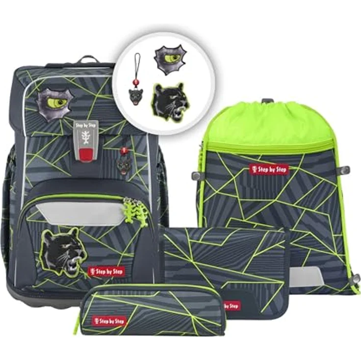 Step by Step Giant Schulranzen-Set „Dark Cat Chiko“ 23L, 5-teilig, grün, ergonomisch, höhenverstellbar, mit Reflektoren, für Jungen ab der 1. Klasse – Bild 1