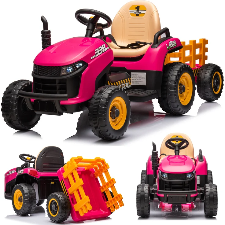 SIMRON Kinder Traktor Schlepper Bulldog Rosa, Elektroauto mit Fernbedienung und abnehmbarem Anhänger, 2x Motoren, Bluetooth Audiosystem, Soft-Start-Funktion
