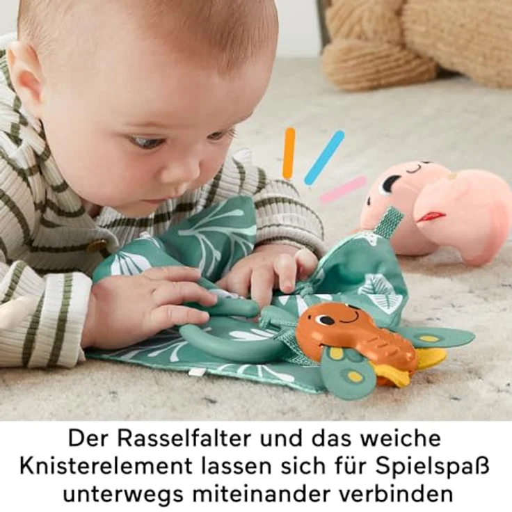 Fisher-Price® Greifspielzeug Geschenkset Sensorische Erlebnisse, 4-teiliges Set mit BPA-freiem Häschen-Beißring, Axolotl, Motten-Rassel und Knittertuch – Bild 5