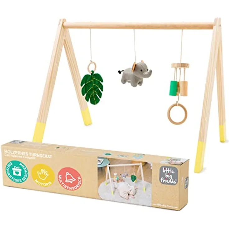 Little Big Friends Jungle Spielbogen aus Holz mit 3 hängenden Spielzeugen für Babys, Montessori-Spielzeug, 2 Designs - Farm & Dschungel