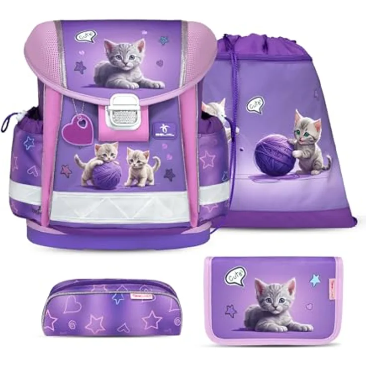 Belmil Schulranzen "Classy" 2025, 4tlg. Set für 1. Klasse, ergonomisch, Katzen-Design, leicht, mit Sportbeutel und Etui, für Mädchen