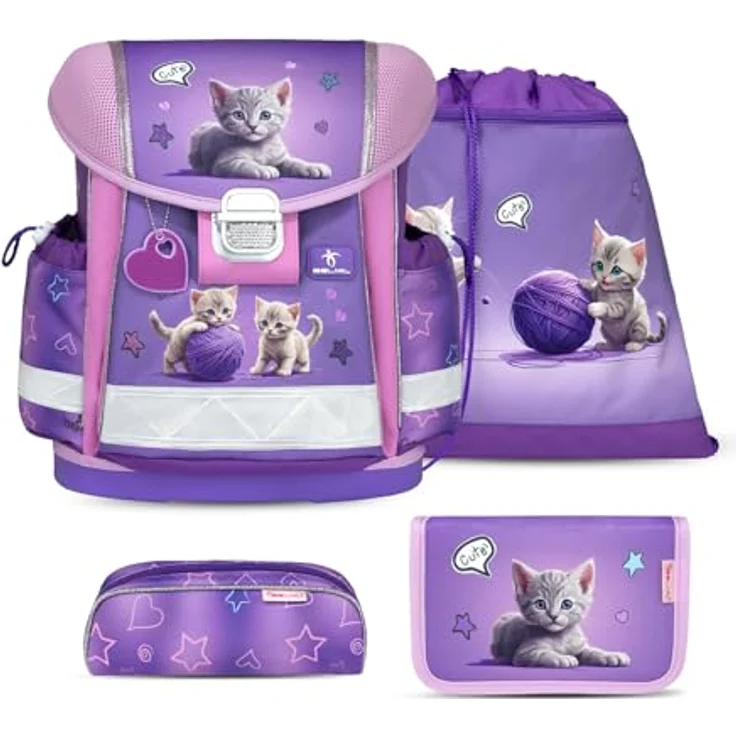 Belmil Schulranzen "Classy" 2025, 4tlg. Set für 1. Klasse, ergonomisch, Katzen-Design, leicht, mit Sportbeutel und Etui, für Mädchen – Bild 1